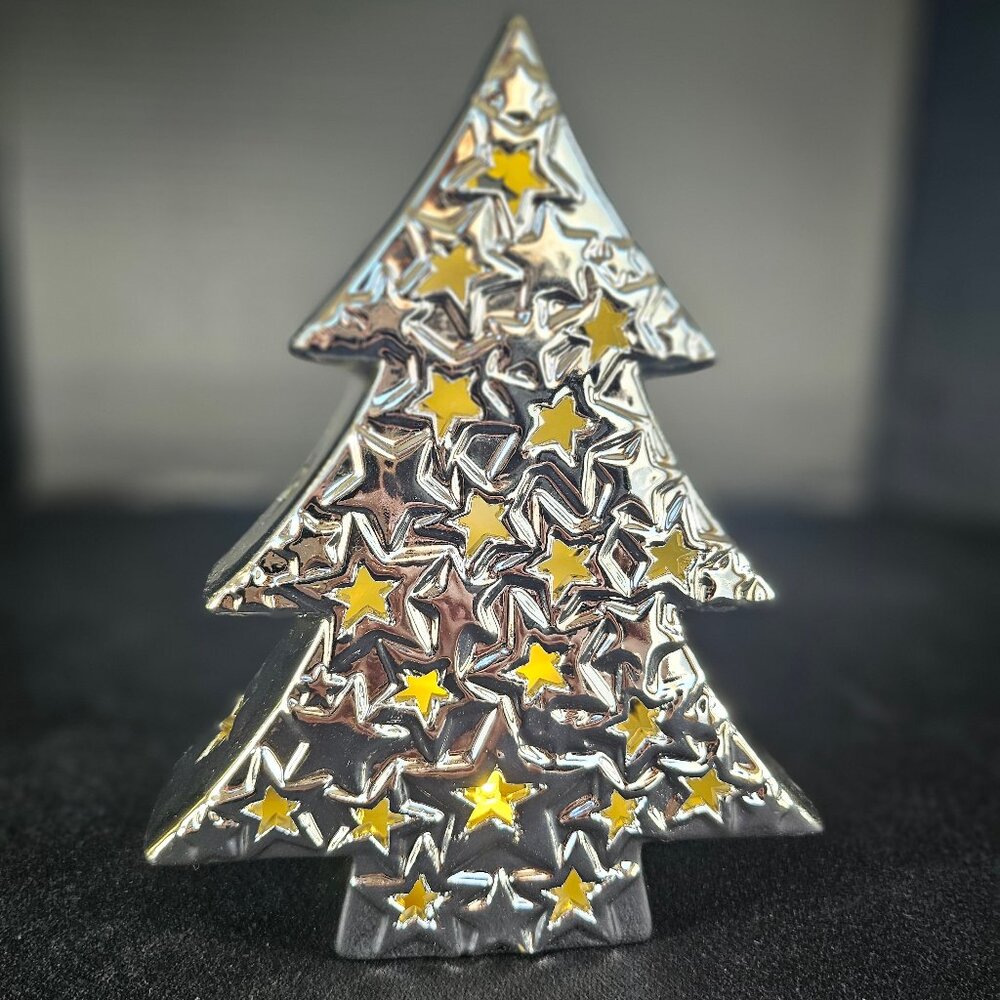 Christmas Mikasa Celebrations Tree LED Lantern Ceramic Silver Tone 7 Inch